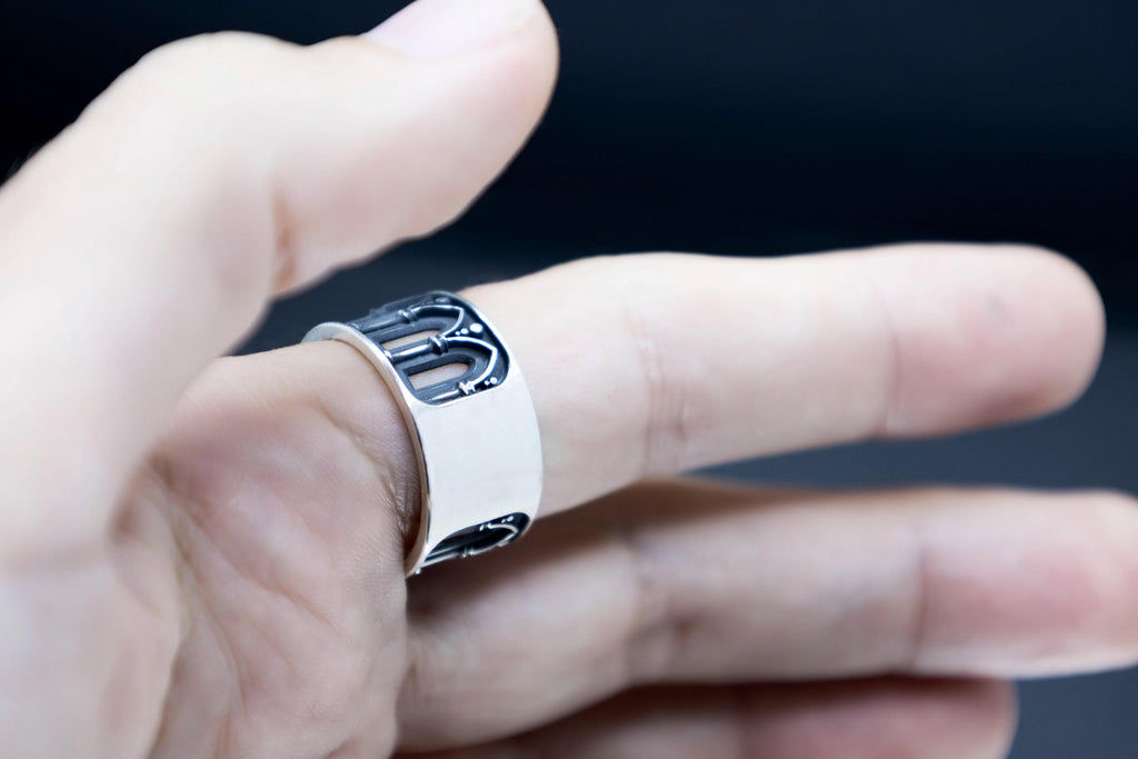 Handcrafted Gothic wide ring, cathedral arches in front, comfort smooth in the back 