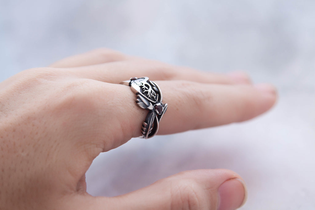 garnet heart and flower statement ring