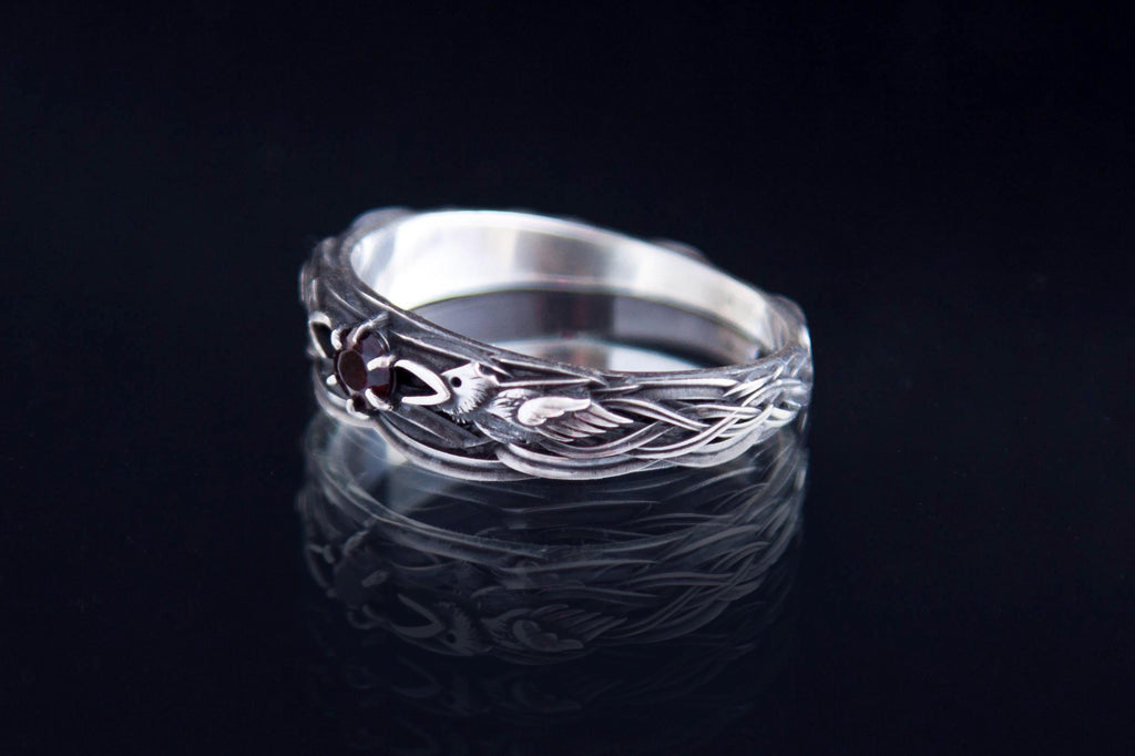 Raven Silver Ring with Garnet, Norse Mythology Viking  inspired