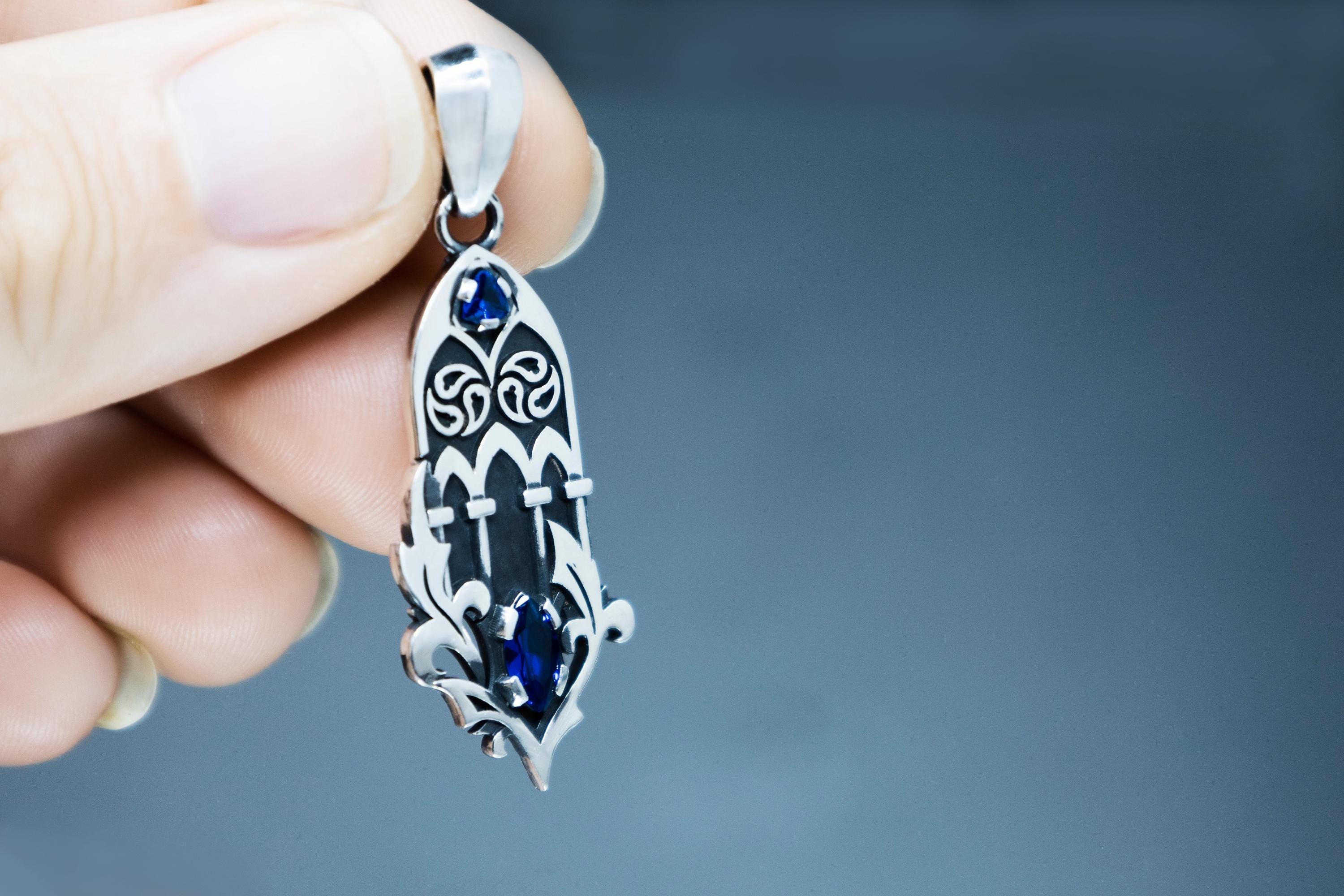 Sterling silver Gothic cathedral pendant with gemstone handmade jewelry