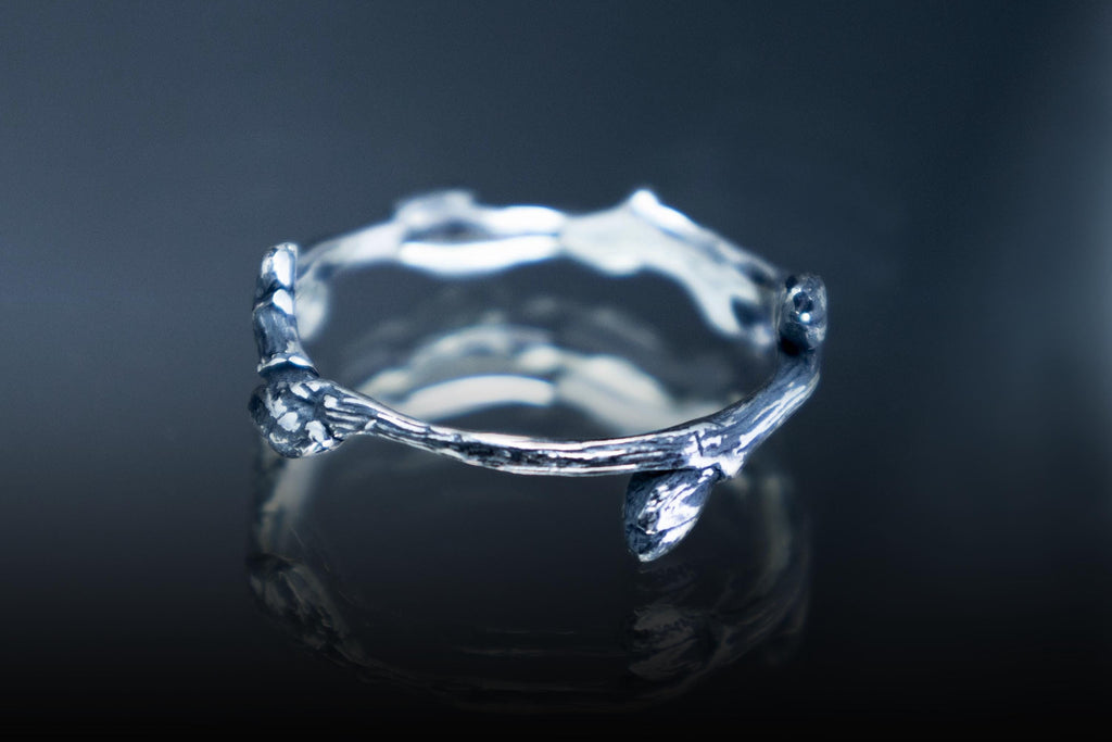 Nature inspired silver ring forest jewelry detail