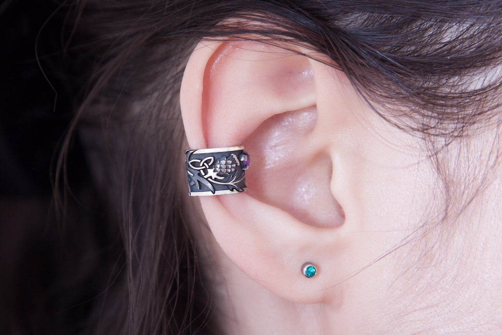 Thistle Silver Ear Cuff, Amethyst or Garnet Celtic Earring