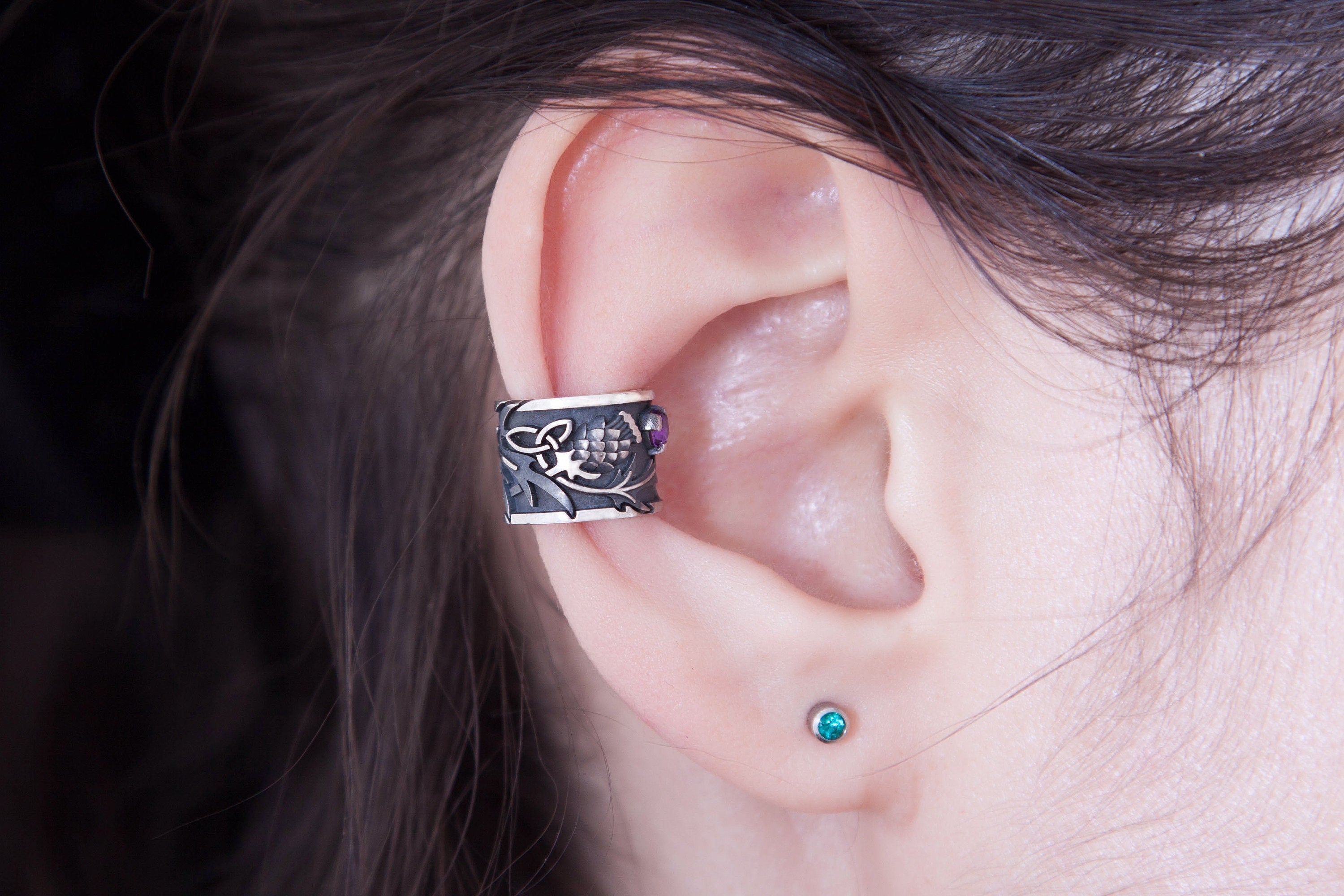 Thistle Silver Ear Cuff, Amethyst or Garnet Celtic Earring