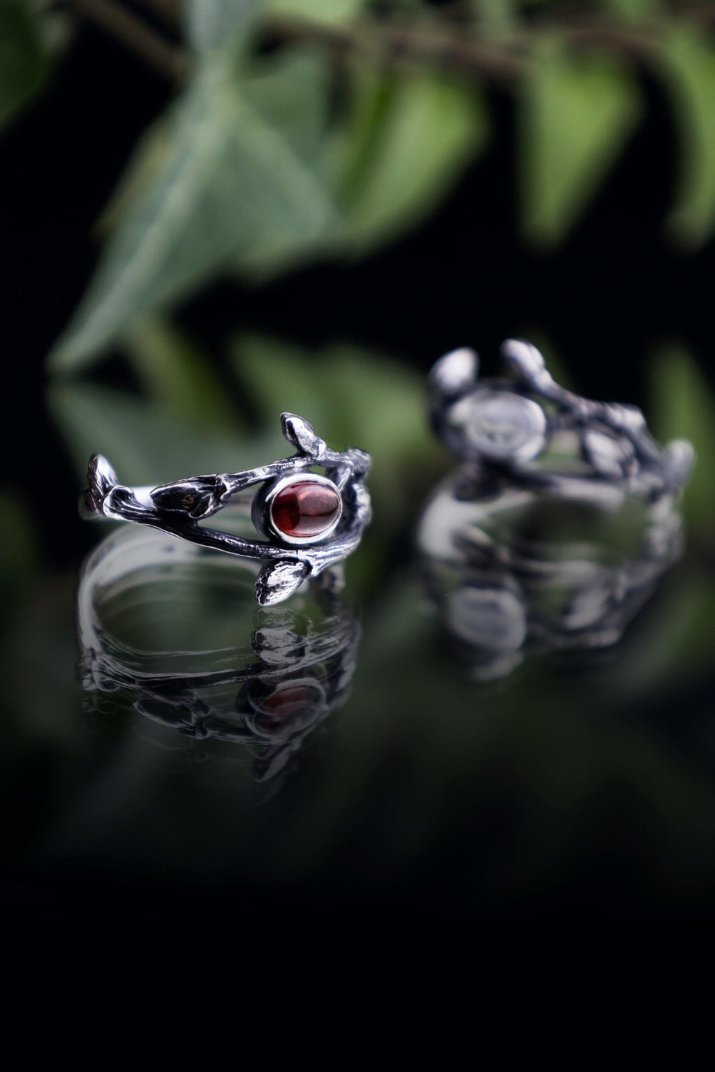 Botanical silver twig ring with natural garnet
