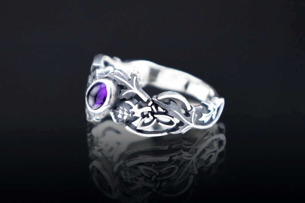 Celtic Sterling silver thistle ring with amethyst