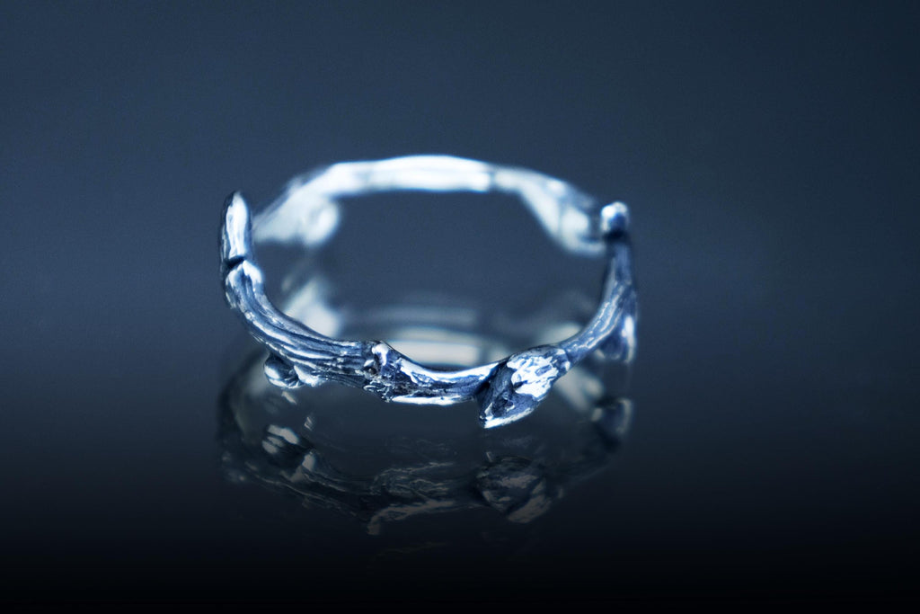 Organic twig texture ring sterling silver side view