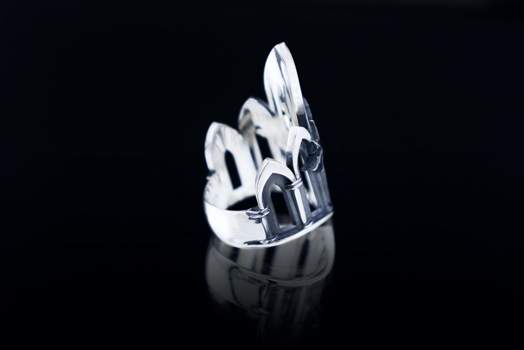 Side view of silver White Tree medieval ring