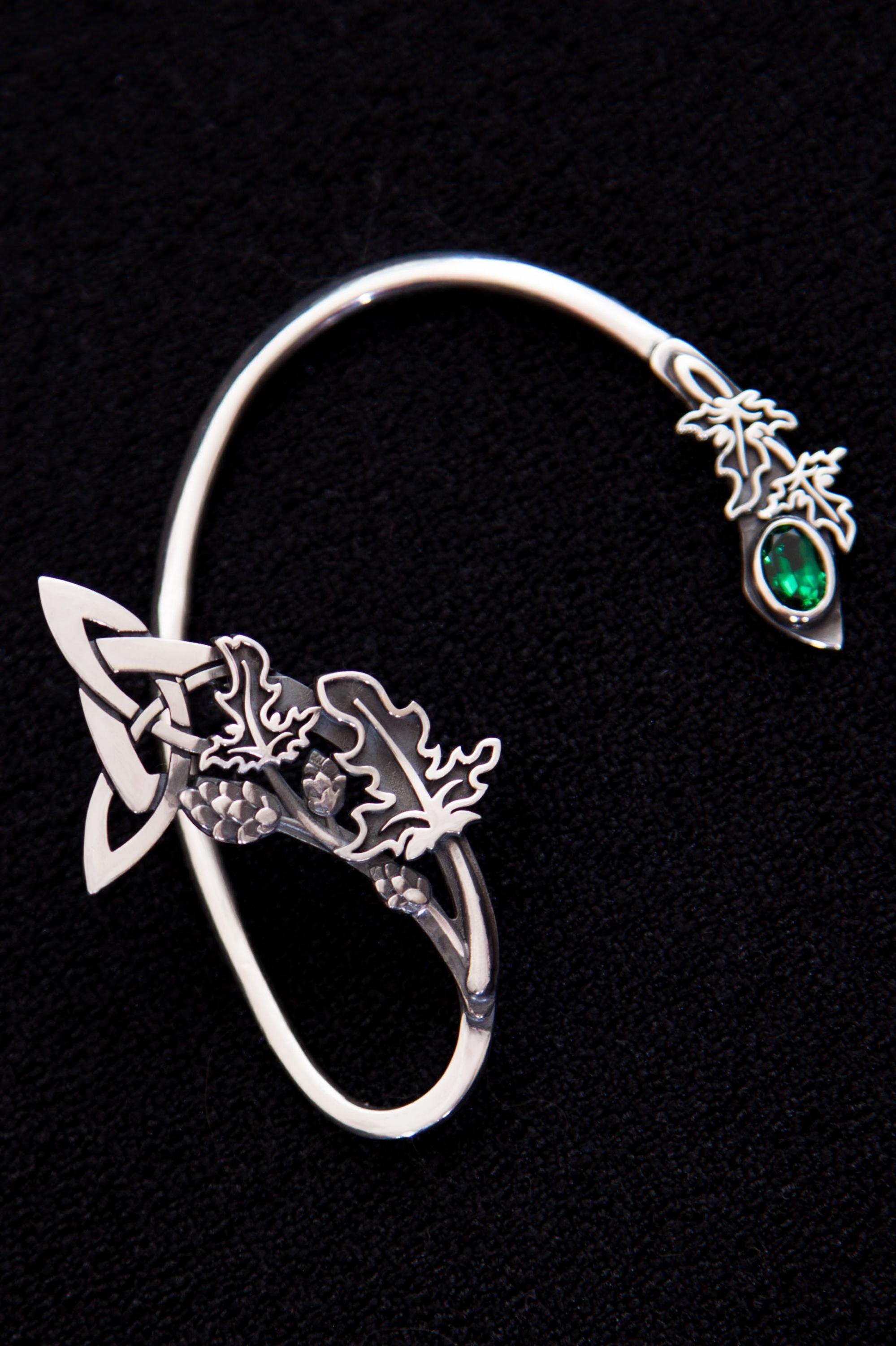 Sterling silver hop leaf ear cuff with green stone