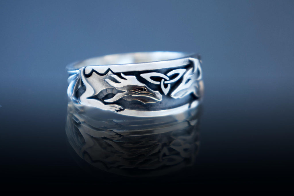 Sterling silver dragon and fox ring handmade animal totem jewelry