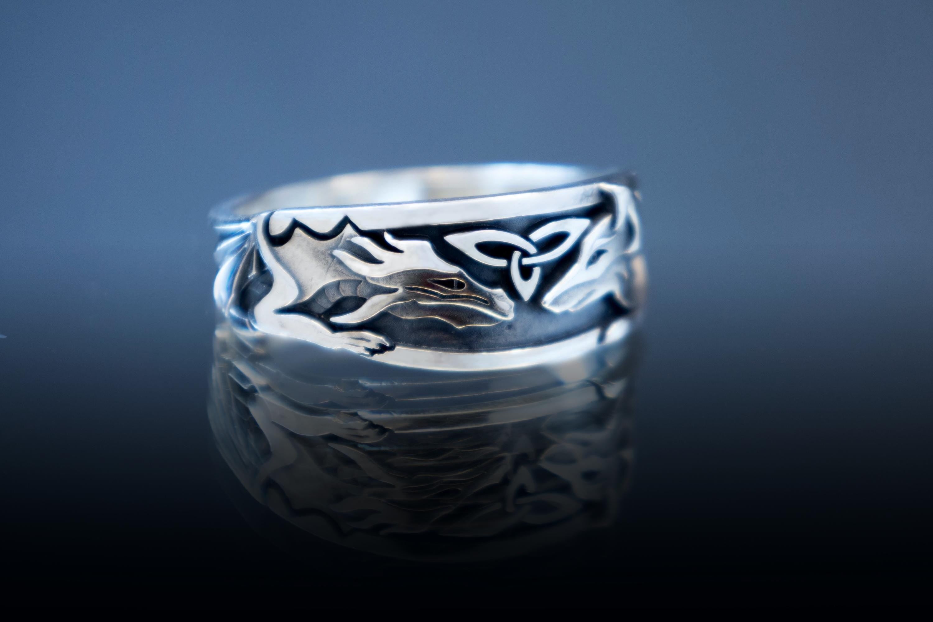 Sterling silver dragon and fox ring handmade animal totem jewelry