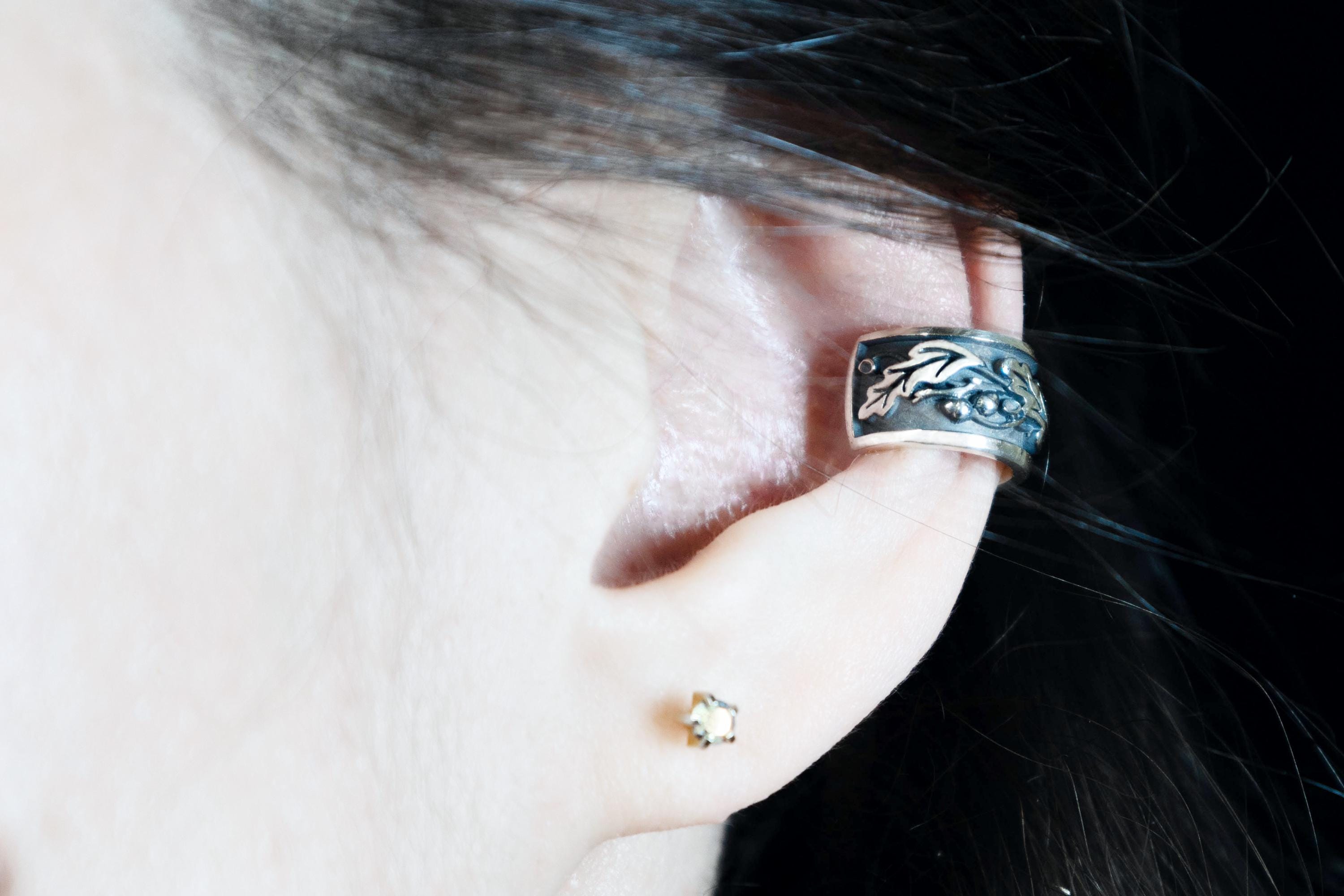 Elven woodland ear cuff worn on ear, no piercing