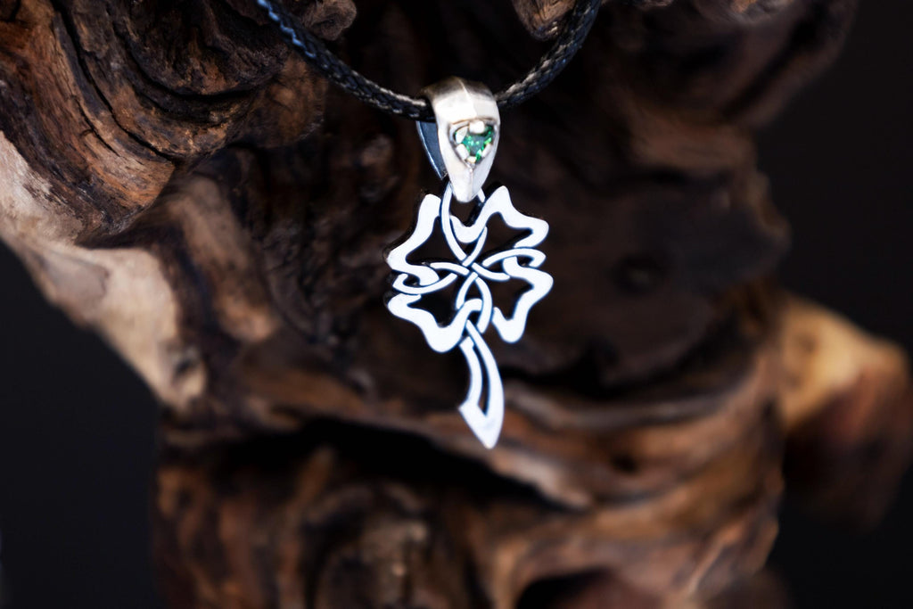 Celtic four leaf clover silver pendant with green trillion handmade talisman by DreamTower