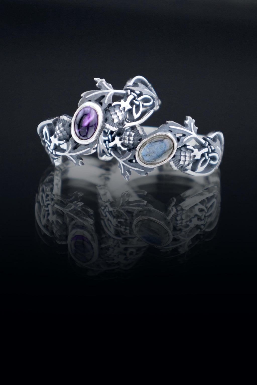 Sterling silver thistle ring with amethyst or labradorite  Celtic fantasy bands