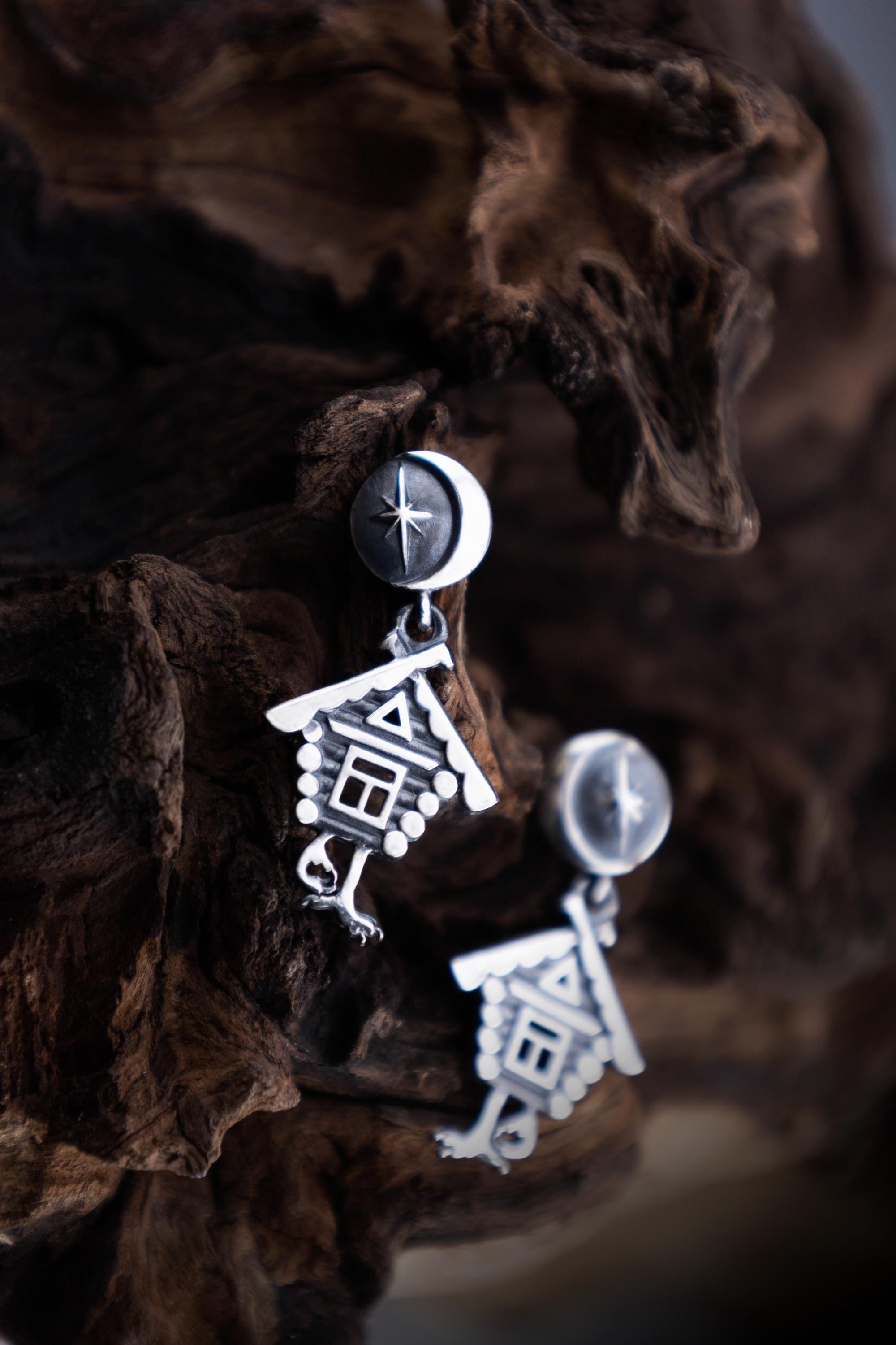 Baba Yaga Earrings, Sterling Silver Slavic Folklore Witch House on Chicken Legs