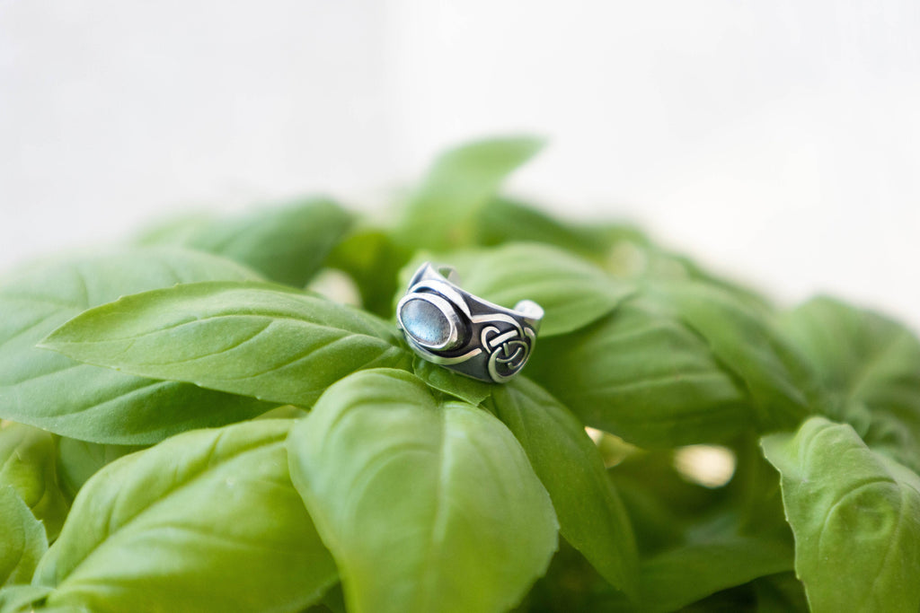 Celtic silver ear cuff with labradorite on green leaf background
