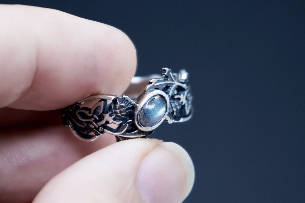 Thistle botanical ring with labradorite, Elven celtic style
