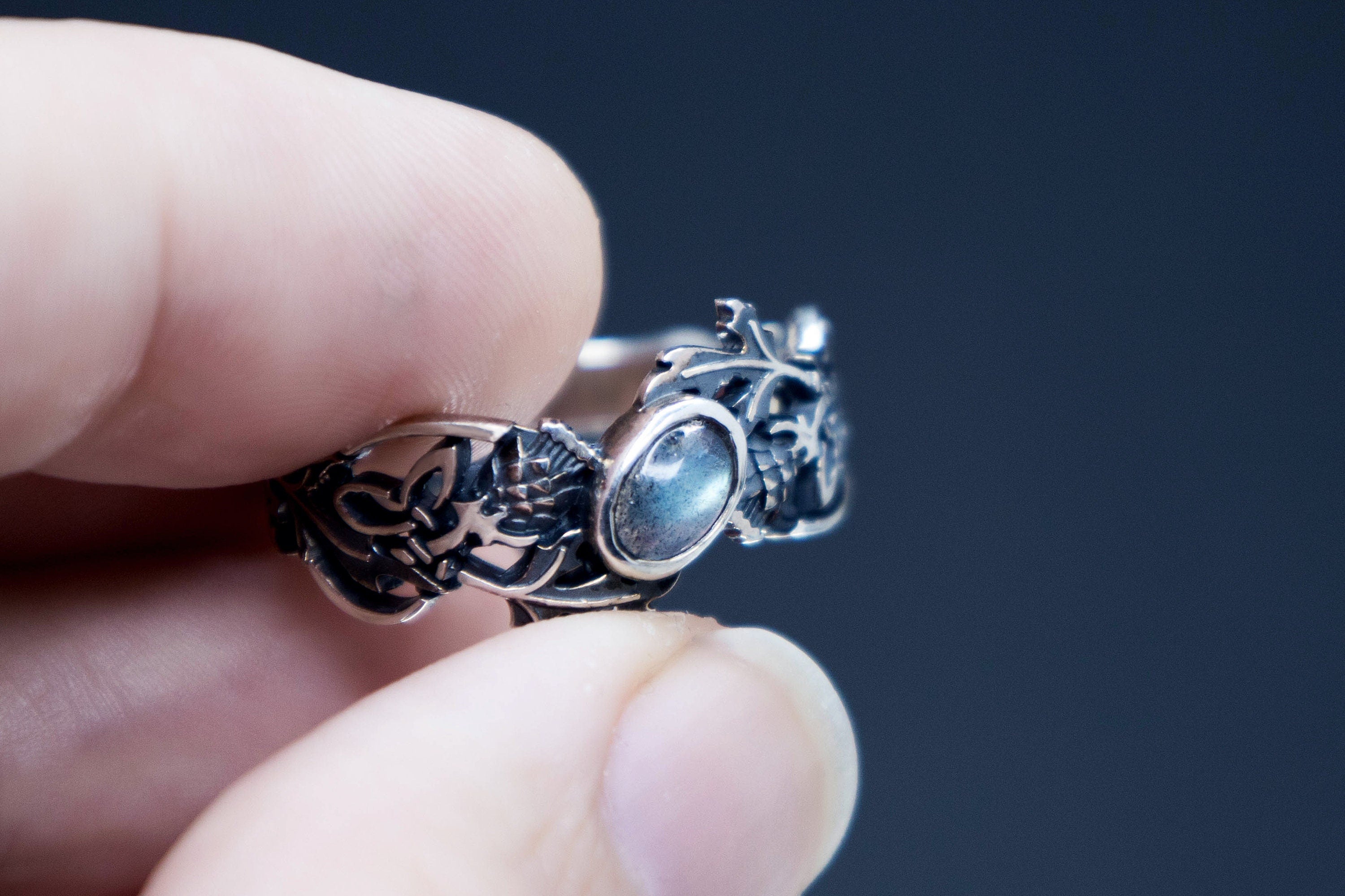 Thistle botanical ring with labradorite, Elven celtic style