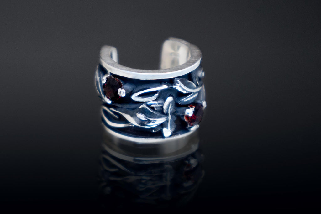 Botanical silver ear cuff with garnet