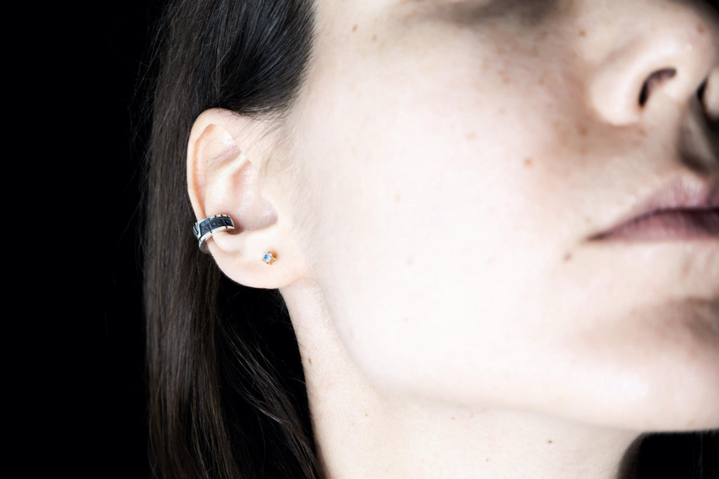 Miniature glyph silver cuff on ear, Star Gate portal 