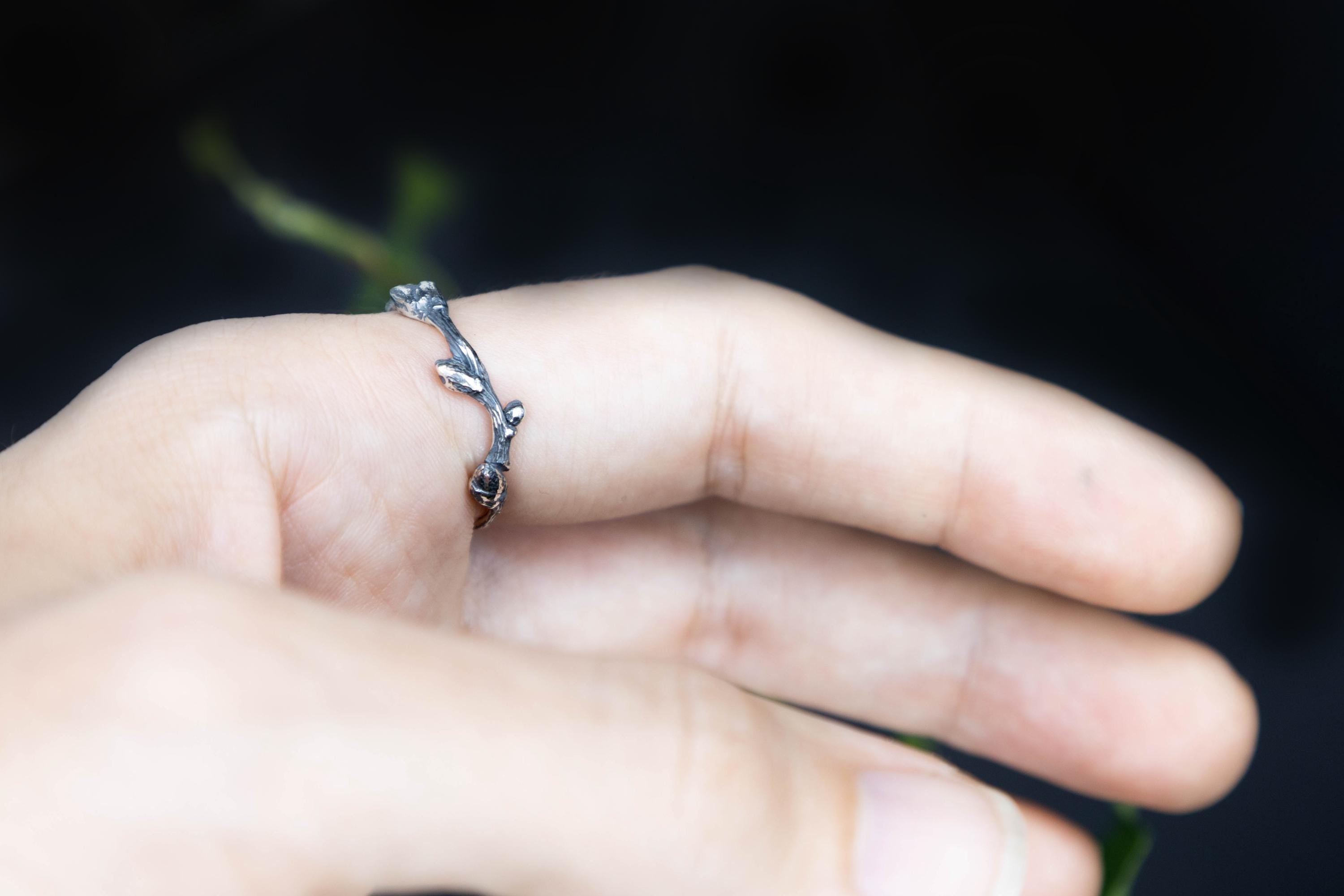 Handmade sterling silver twig band botanical style