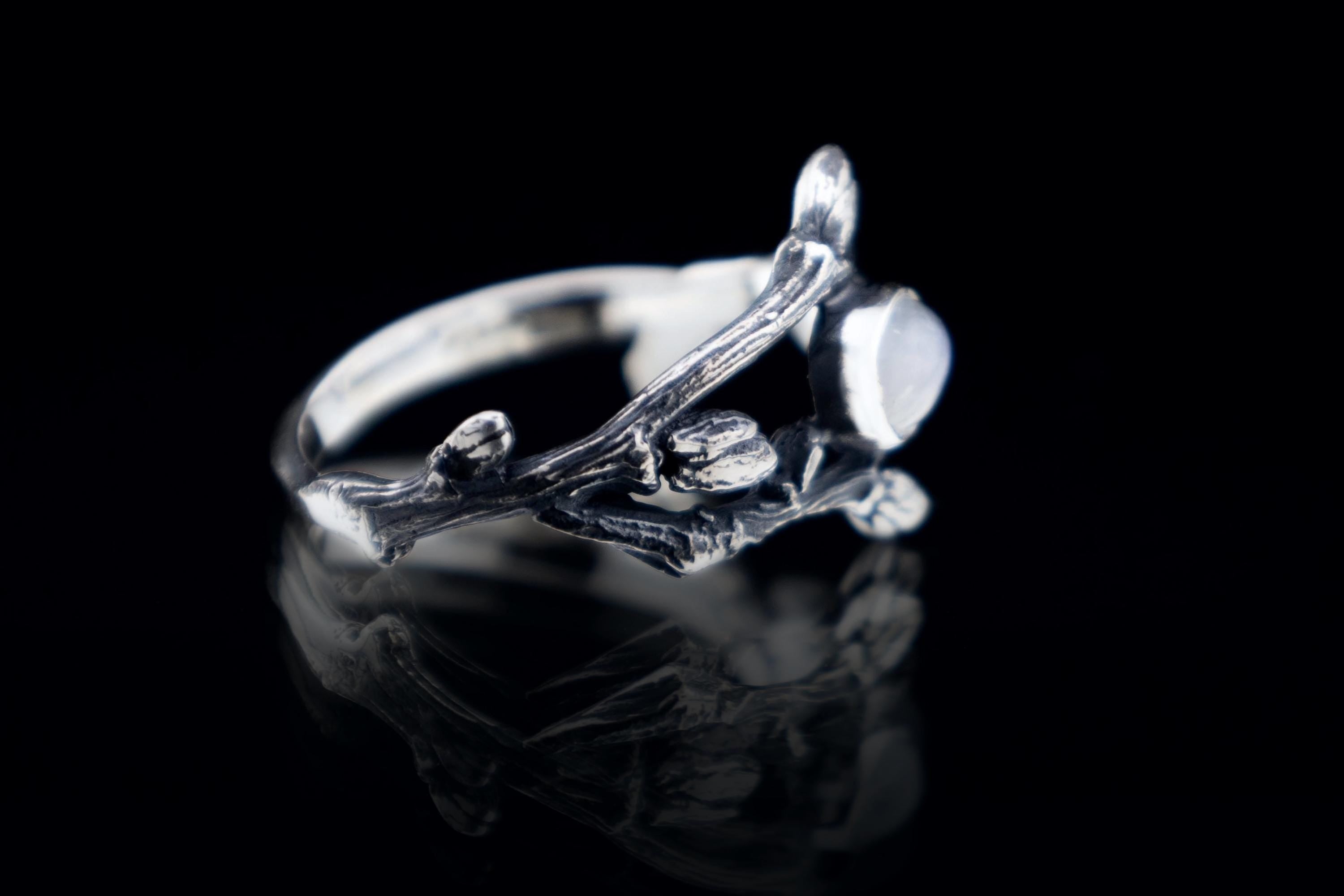 Silver branch ring with natural moonstone cabochon