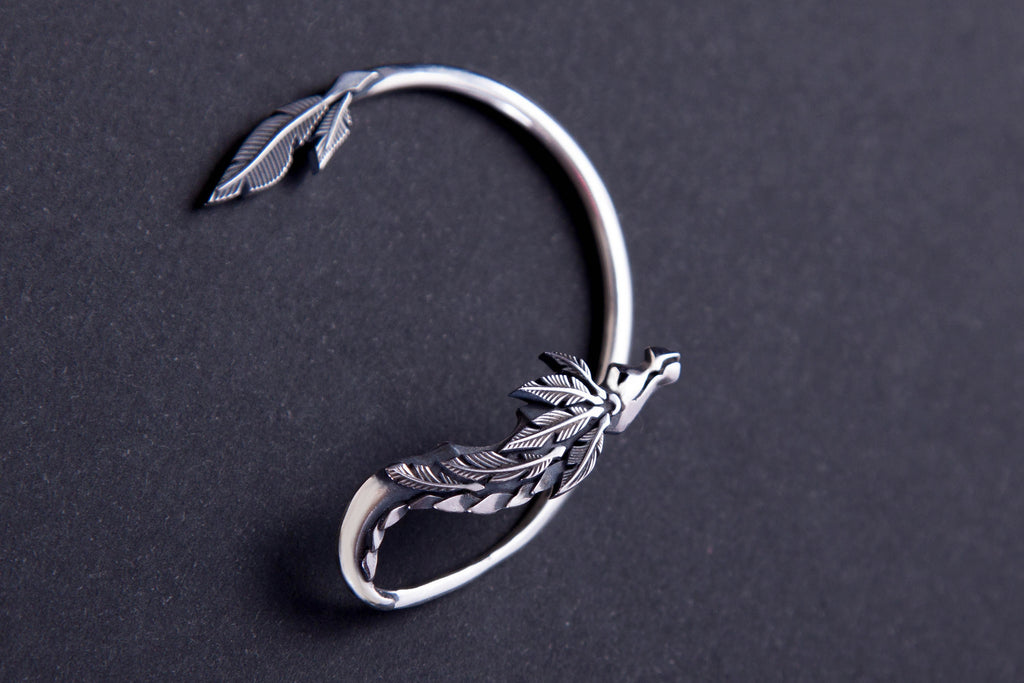 Sterling silver Feathered Serpent ear wrap, mythology inspired ear cuff