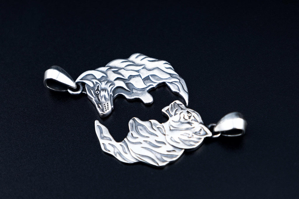 Sterling silver wolf and tiger matching pendants. Gift for beloved