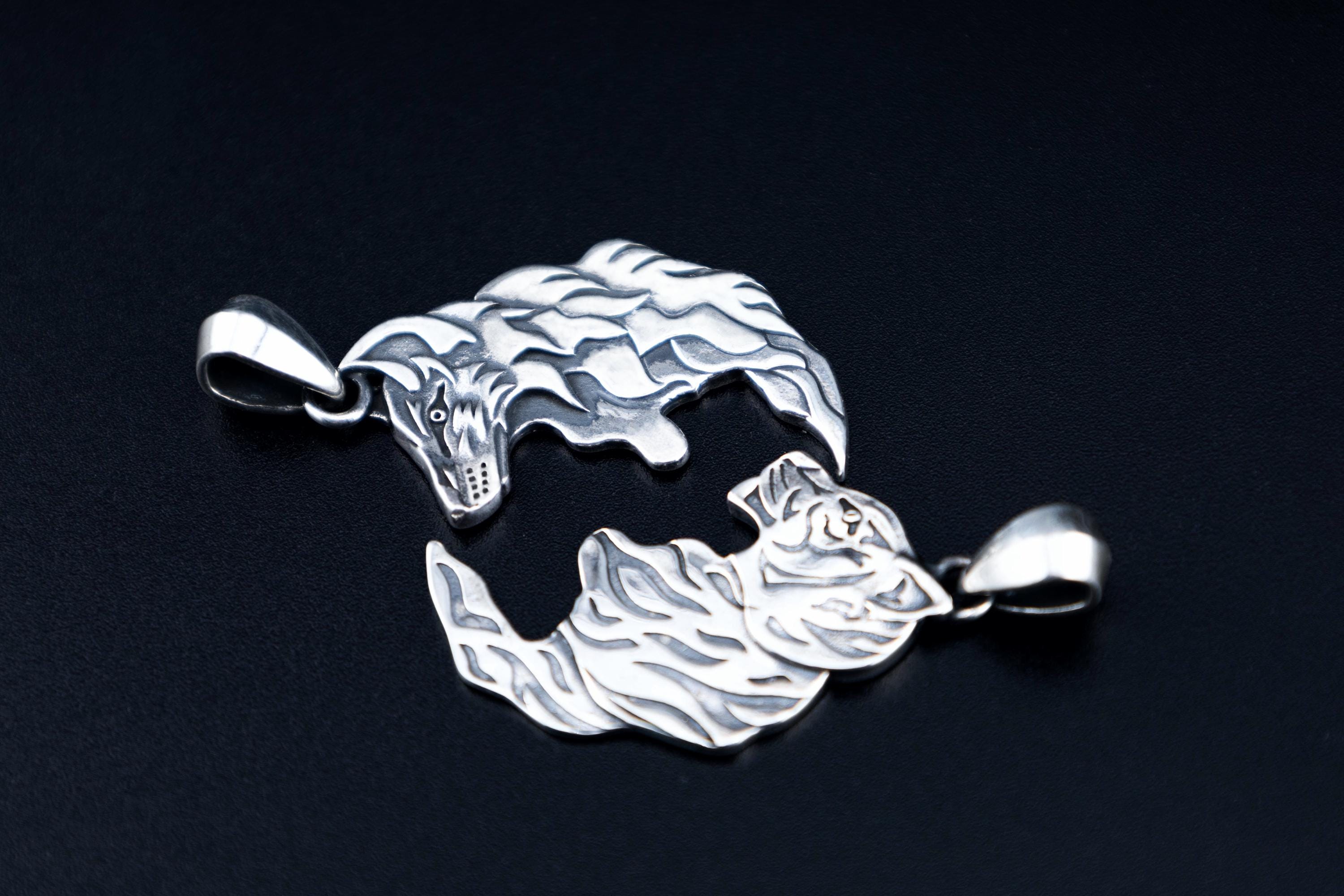 Sterling silver wolf and tiger matching pendants. Gift for beloved