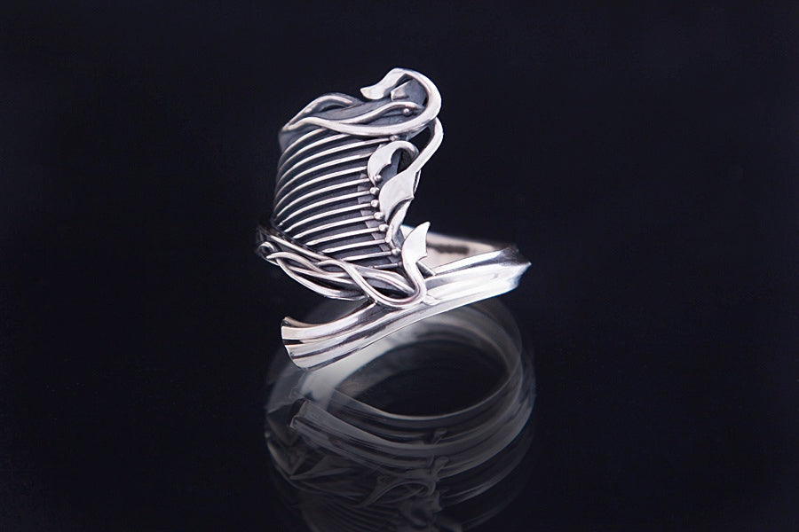Artistic sterling silver harp ring, cift for celtic music lovers
