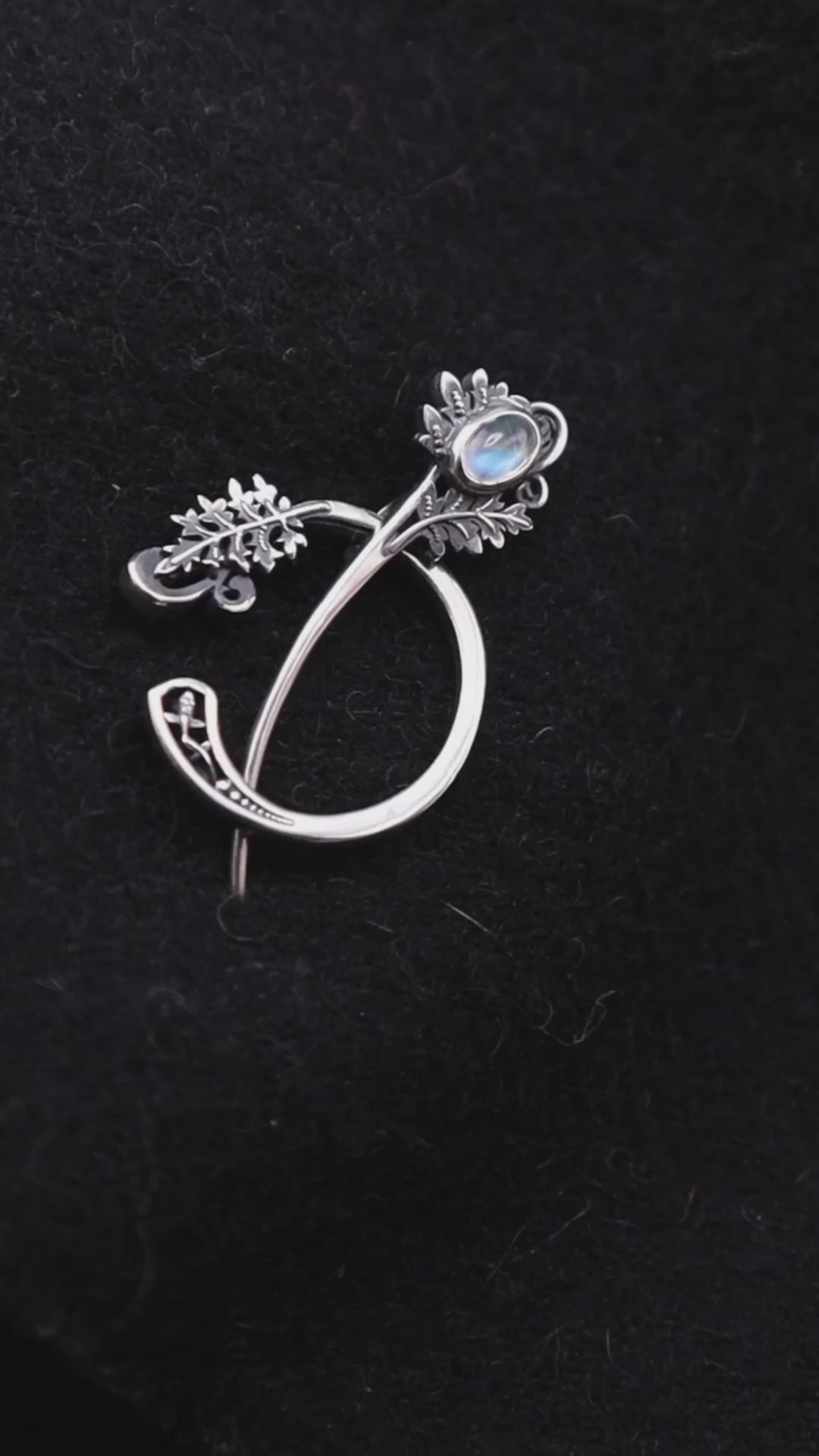 Silver Fern Fibula, Sterling Silver Moonstone Cloak Pin, Handmade